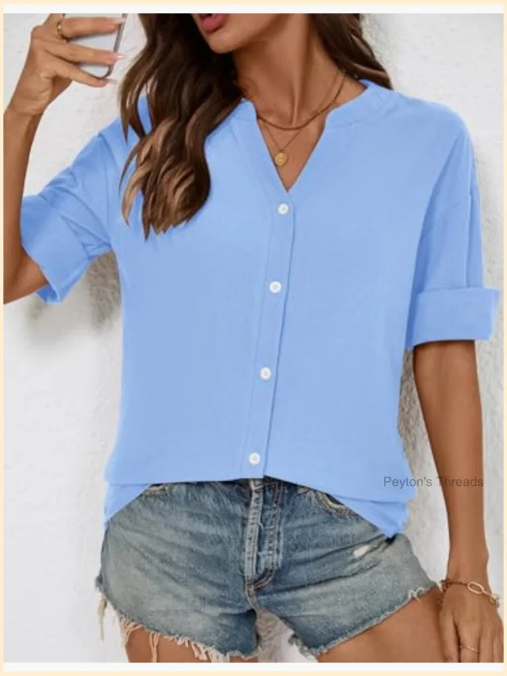 Cotton Linen Button Down Shirt 3/4 Sleeve V Neck Loose Fit Blouse - Picture 4 of 7